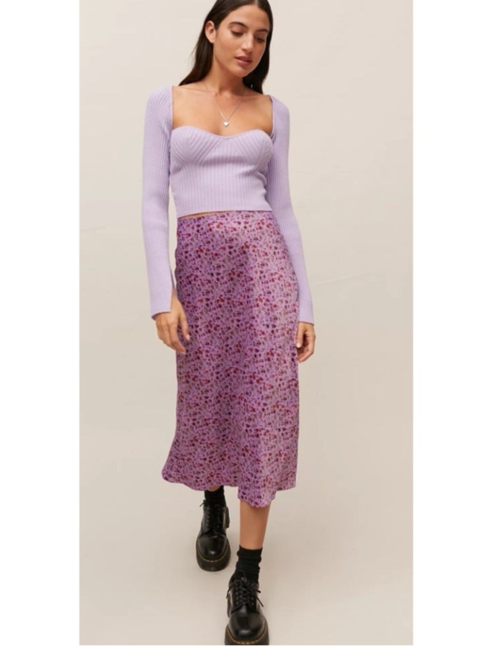UO Molly Floral Satin Slip Midi Skirt purple.